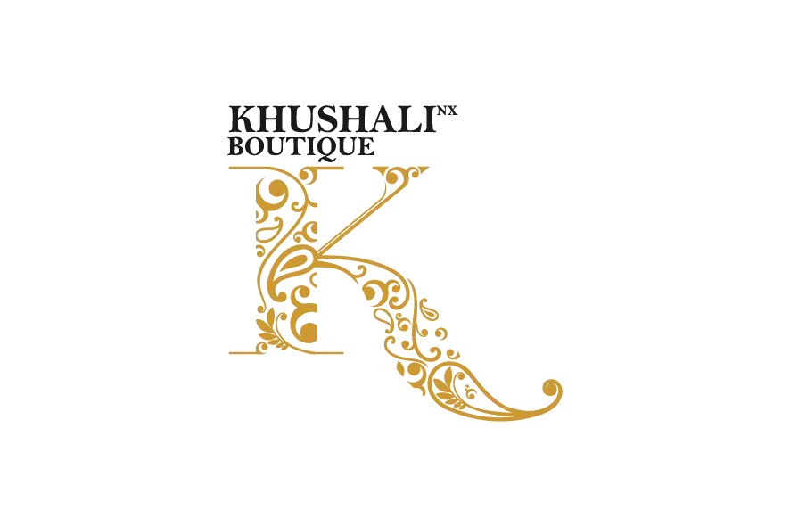 Khushali Boutique logo with ornate gold letter K and black text above.
