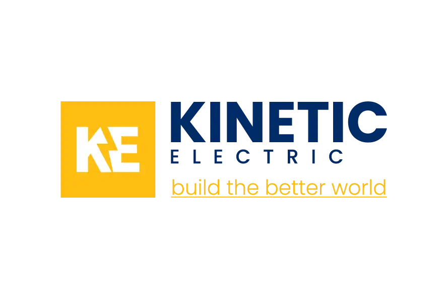 Kinetic Electric logo with yellow square “KE” monogram and bold navy wordmark; tagline “build the better world.”