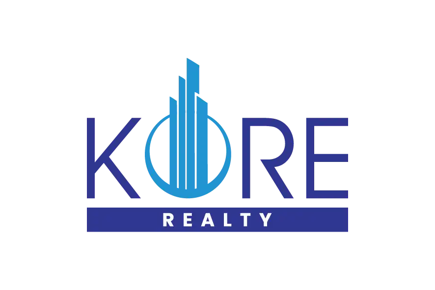 Kore Realty logo with blue building icon inside the letter O