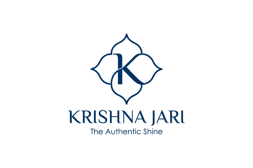 Krishna Jari logo with blue ornamental monogram and blue text.