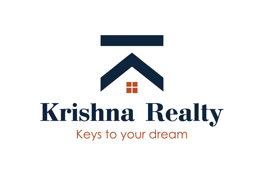 Krishna Realty logo with blue roof icon and orange tagline