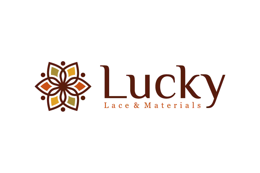 Lucky Lace & Materials logo with floral emblem and brown-orange text.