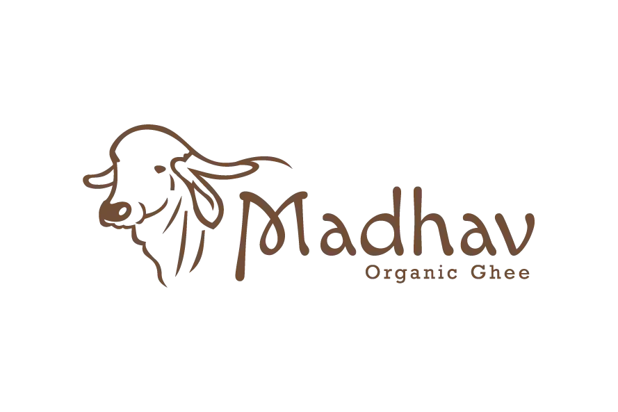 Madhav Organic Ghee logo with cow illustration and brown typography