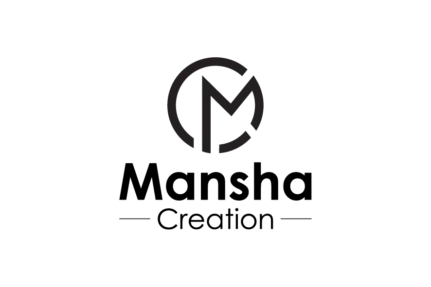 Mansha Creation logo with black monogram and black wordmark.