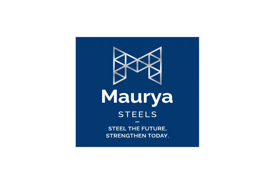 Maurya Steels logo with geometric M symbol on blue background