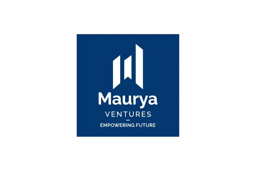 Maurya Ventures logo on blue background with white building icon