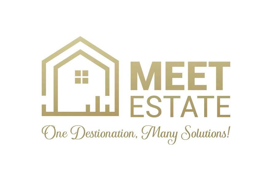 Meet Estate logo with gold house outline and gold typography