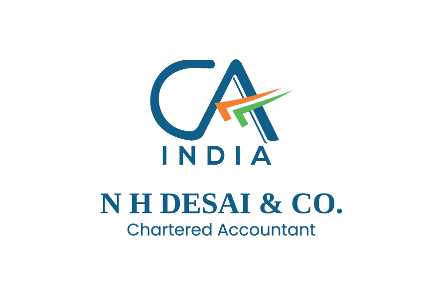 Stylized “CA” mark with tri-colour accent above the name “N H DESAI & CO.” and the subtitle “Chartered Accountant