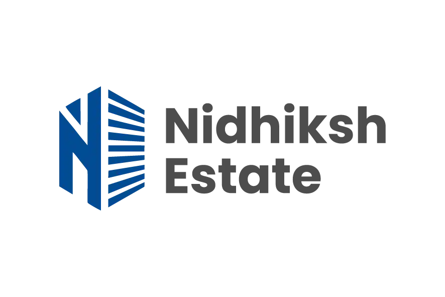 Nidhiksh Estate logo with blue architectural icon and grey text