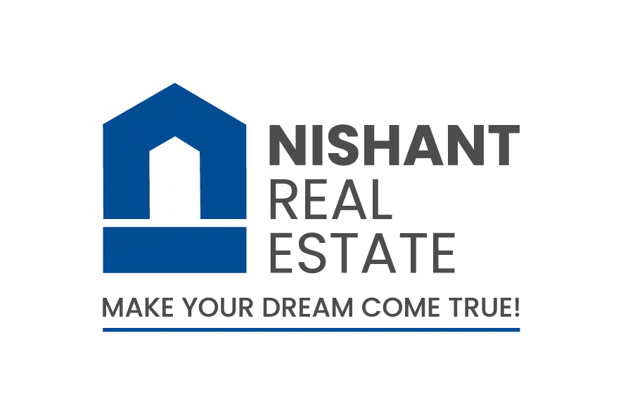 Nishant Real Estate logo with blue house icon and stacked grey text