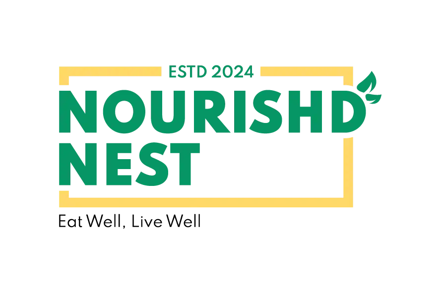 Nourishd Nest logo with green typography, leaf accent, and framed design