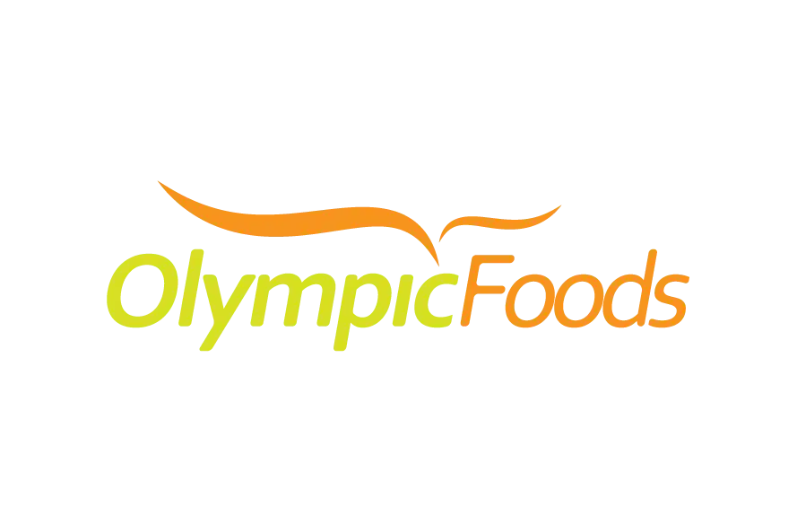 Olympic Foods logo with yellow and orange typography and curved accent