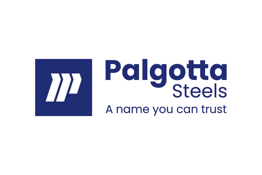 Palgotta Steels logo with blue square icon and bold steel industry typography