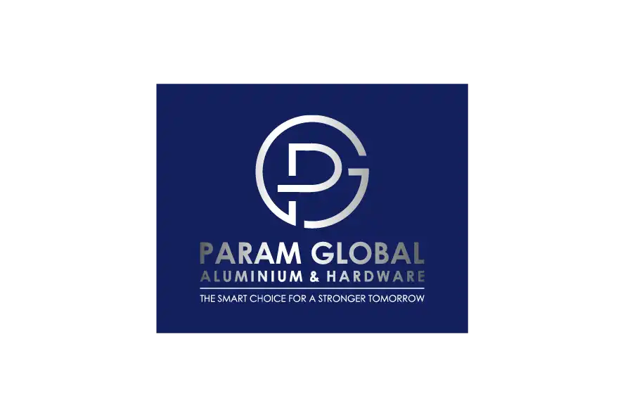 Param Global Aluminium and Hardware logo with PG monogram on blue background