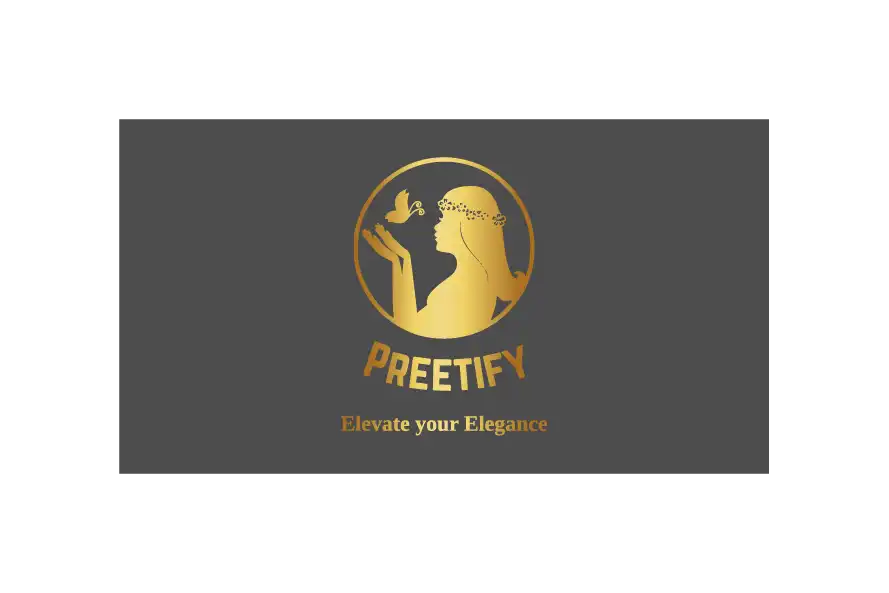 Preetify beauty logo with feminine silhouette, butterfly icon, and gold styling