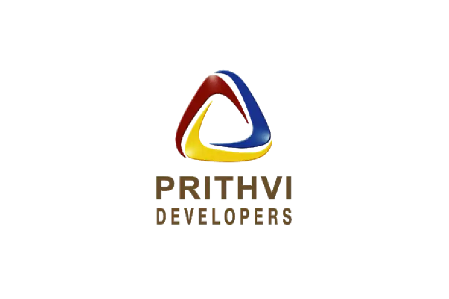 Prithvi Developers logo with red, blue, and yellow triangular emblem.