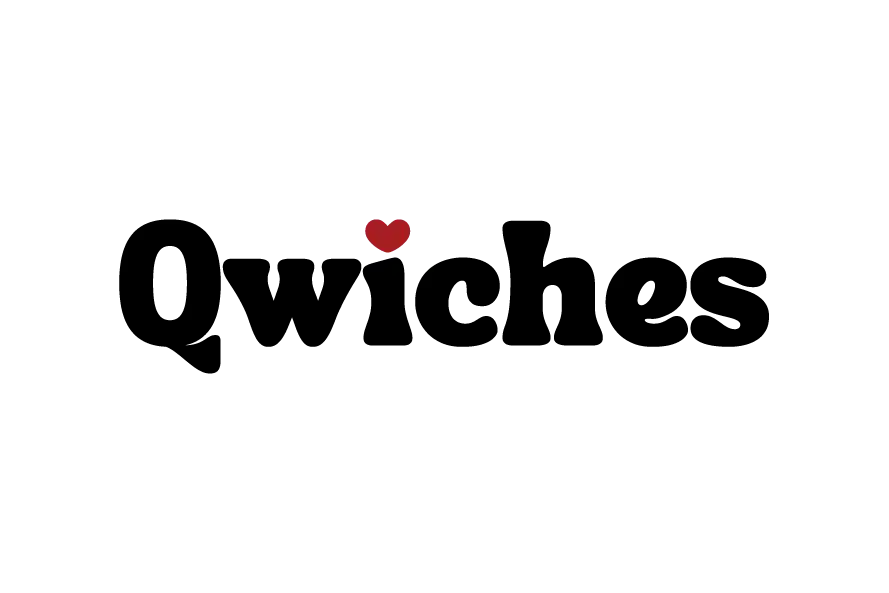 Qwiches restaurant logo in black wordmark with a red heart accent