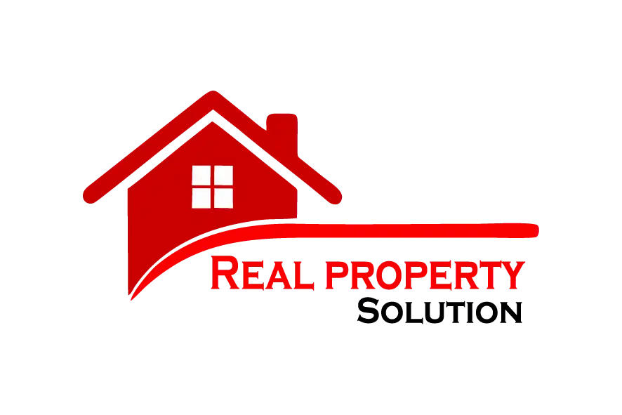 Real Property logo with red house icon and curved red underline