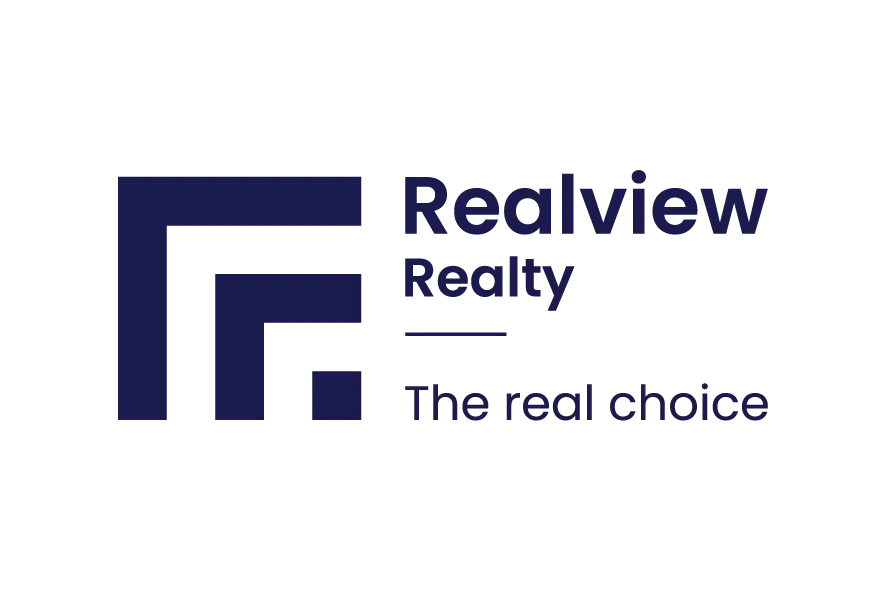 Realview Realty logo with geometric blue icon and tagline The Real Choice
