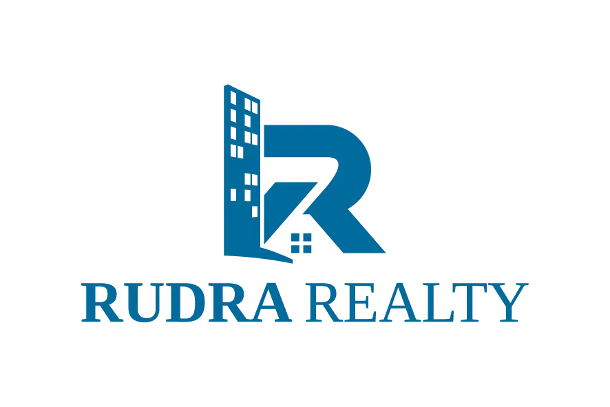 Rudra Realty logo with blue R building monogram