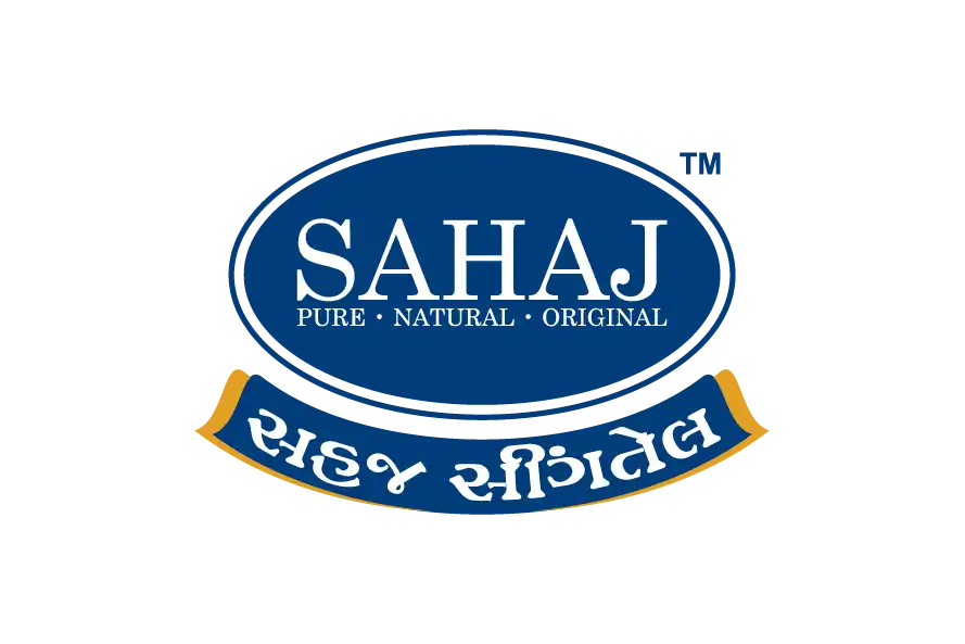Sahaj FMCG brand logo with blue oval badge and Gujarati ribbon text