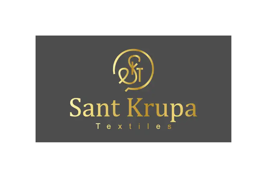 Sant Krupa Textiles logo on dark grey background with gold text.