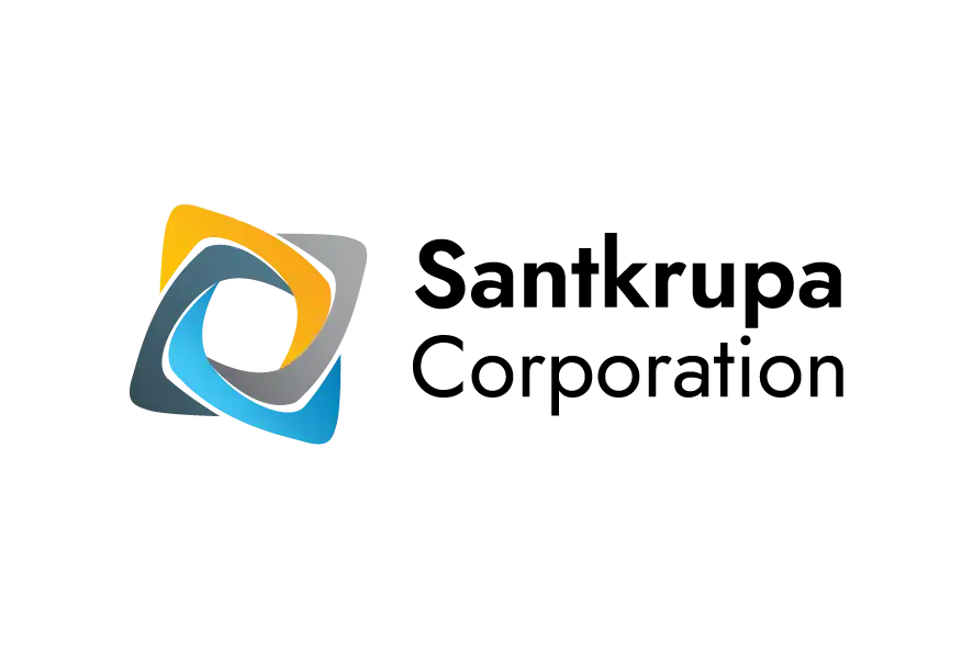 Santkrupa Corporation logo with blue-yellow abstract icon and black text.