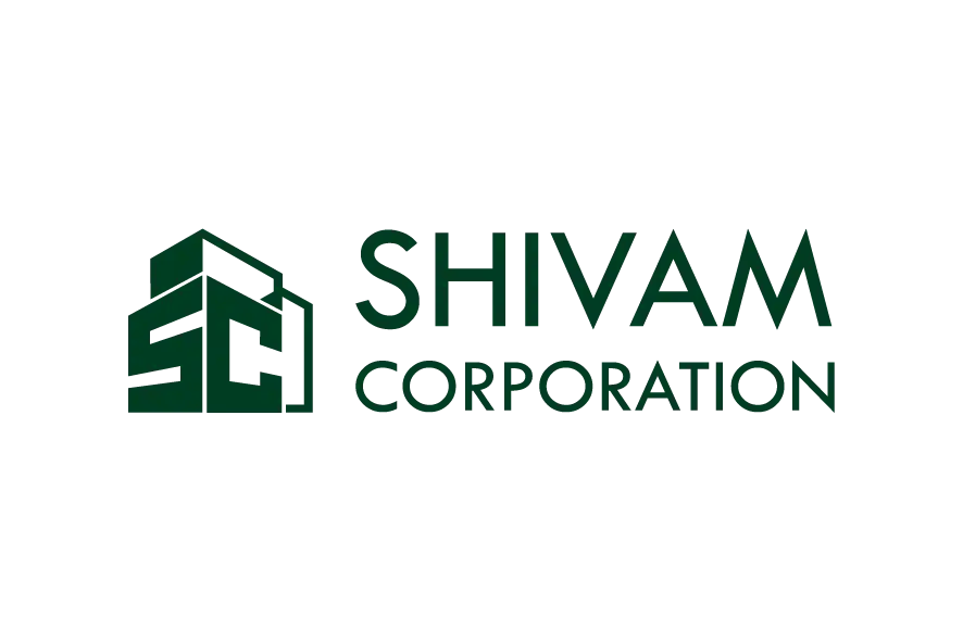 Shivam Corporation logo with green house icon and green text.