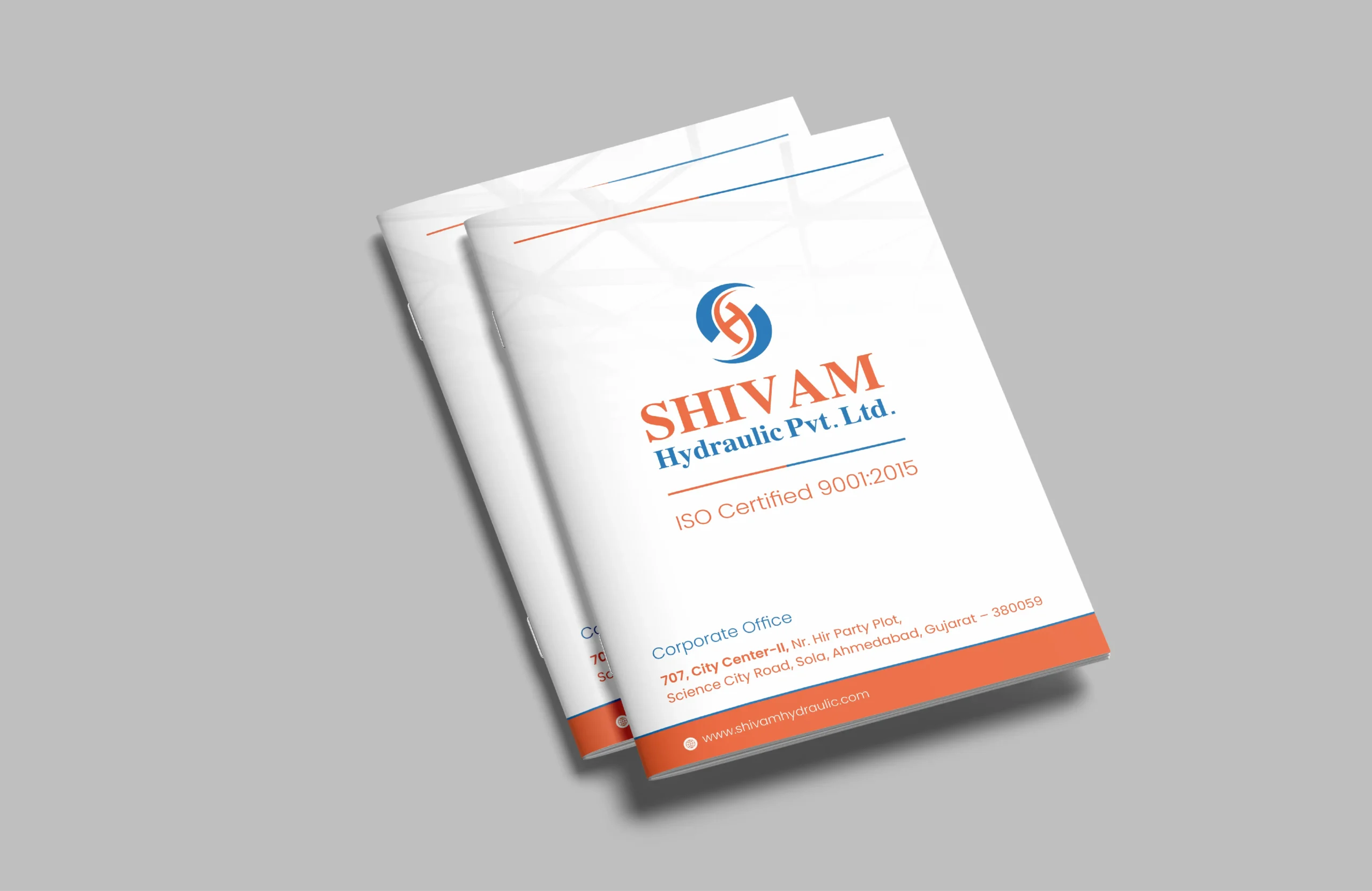 Corporate brochure cover design for Shivam Hydraulic Pvt. Ltd. featuring clean branding, ISO certification details, and a minimal white-orange-blue layout.