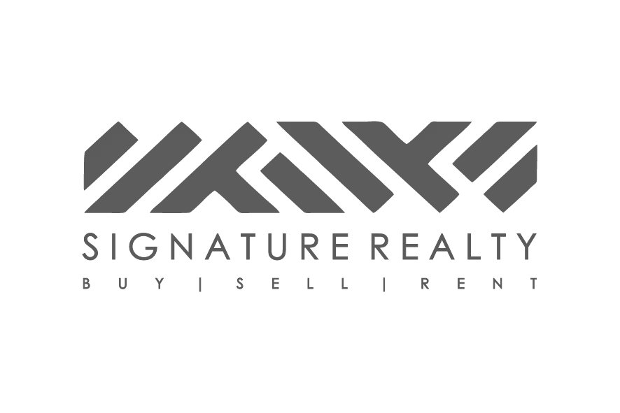 Signature Realty logo in grey with abstract roof-like design