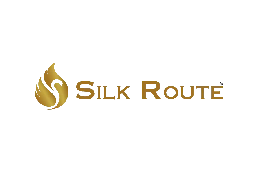 Silk Route jewellery logo with golden flame icon and elegant brand typography