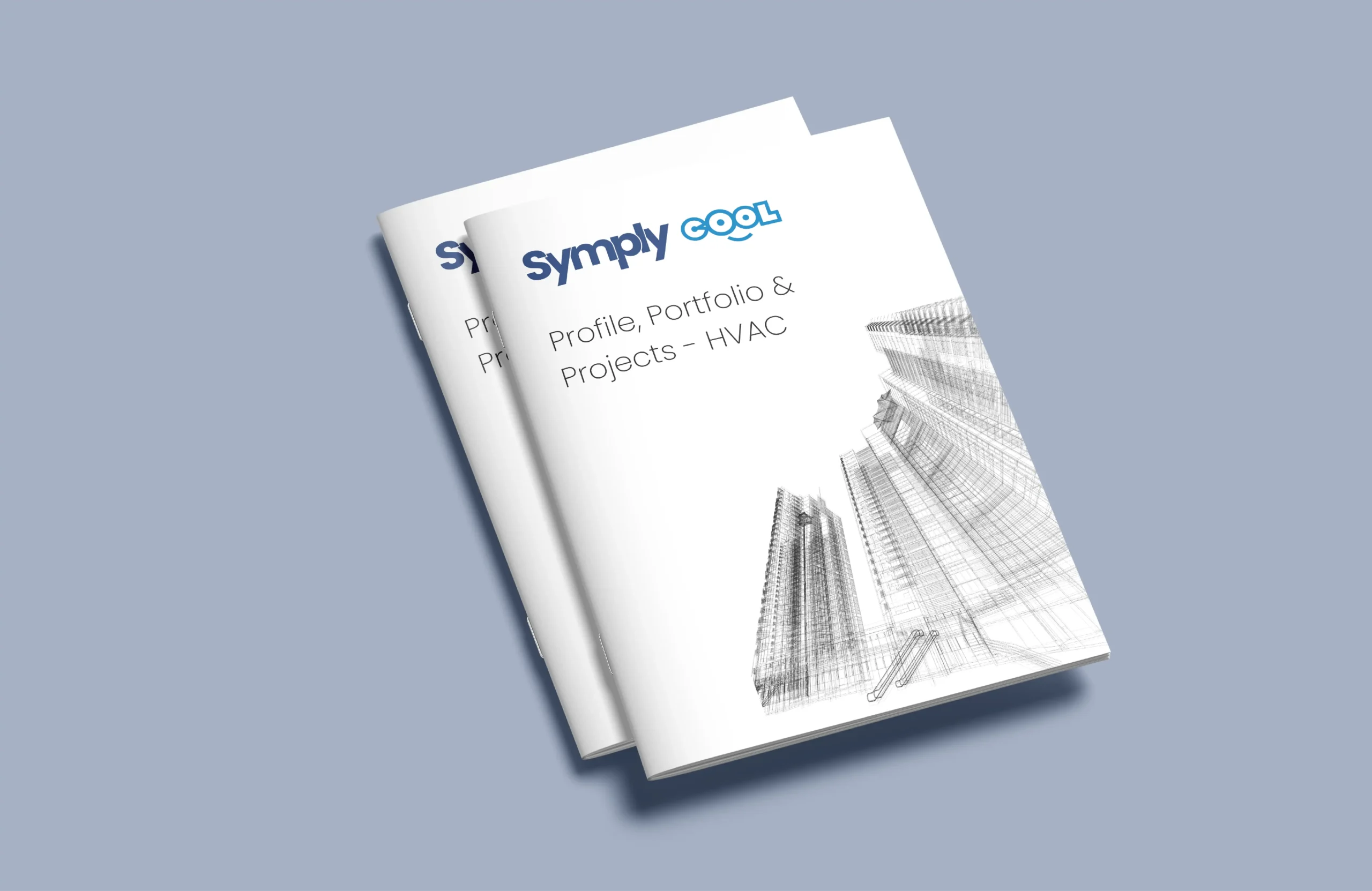 Corporate brochure cover design for Simply Cool featuring HVAC branding, minimal typography and architectural line illustration.