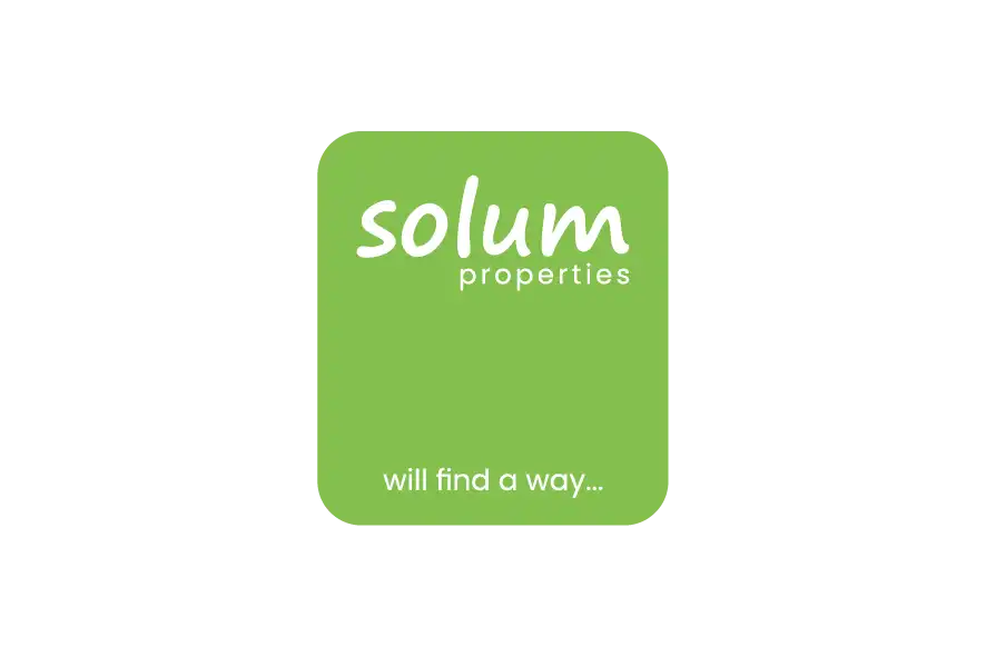 Solum Properties logo in white text on a light green rounded square background