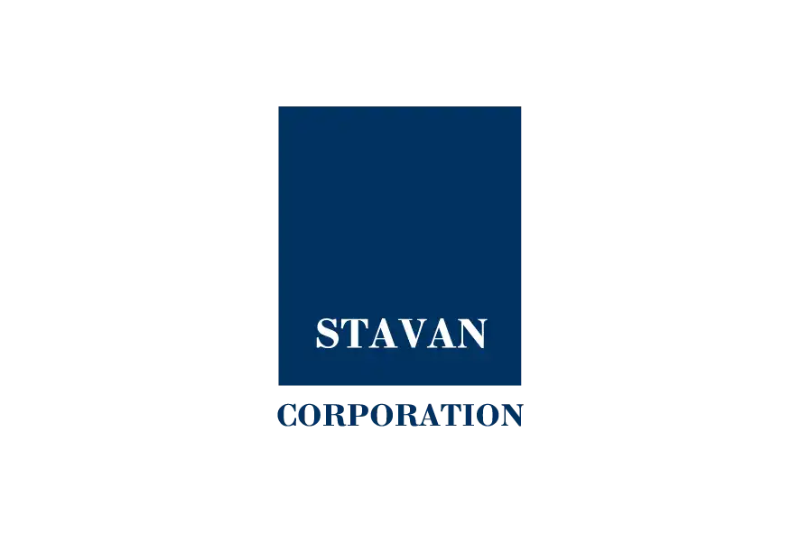 Stavan Corporation logo with white text on blue rectangular background
