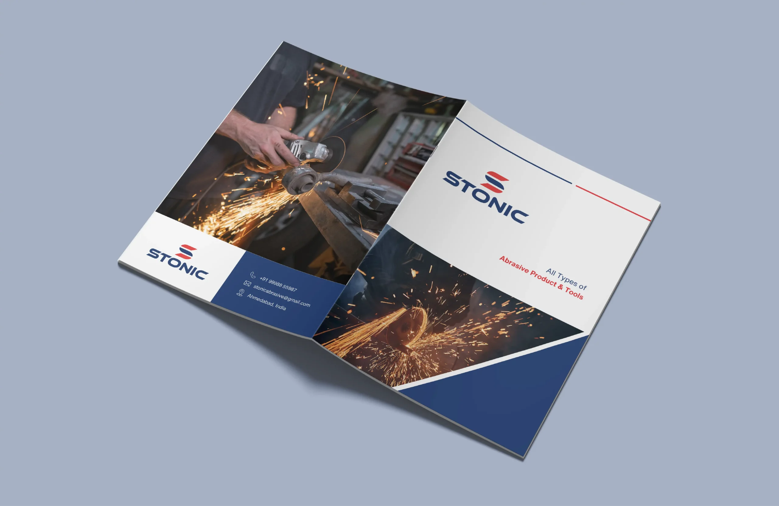 Corporate brochure cover design for Stonic featuring abrasive tools branding, industrial cutting visuals, and a clean blue-red layout.