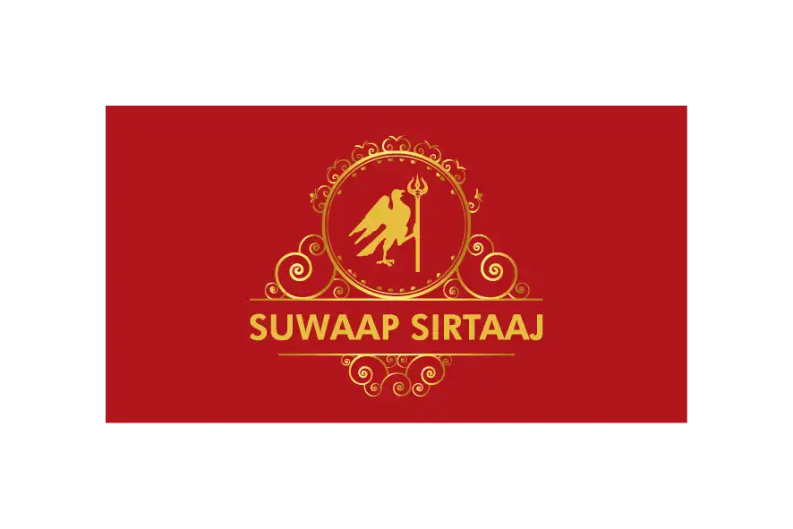 Suwaap Sirtaaj logo on red background with gold ornamental emblem and text.