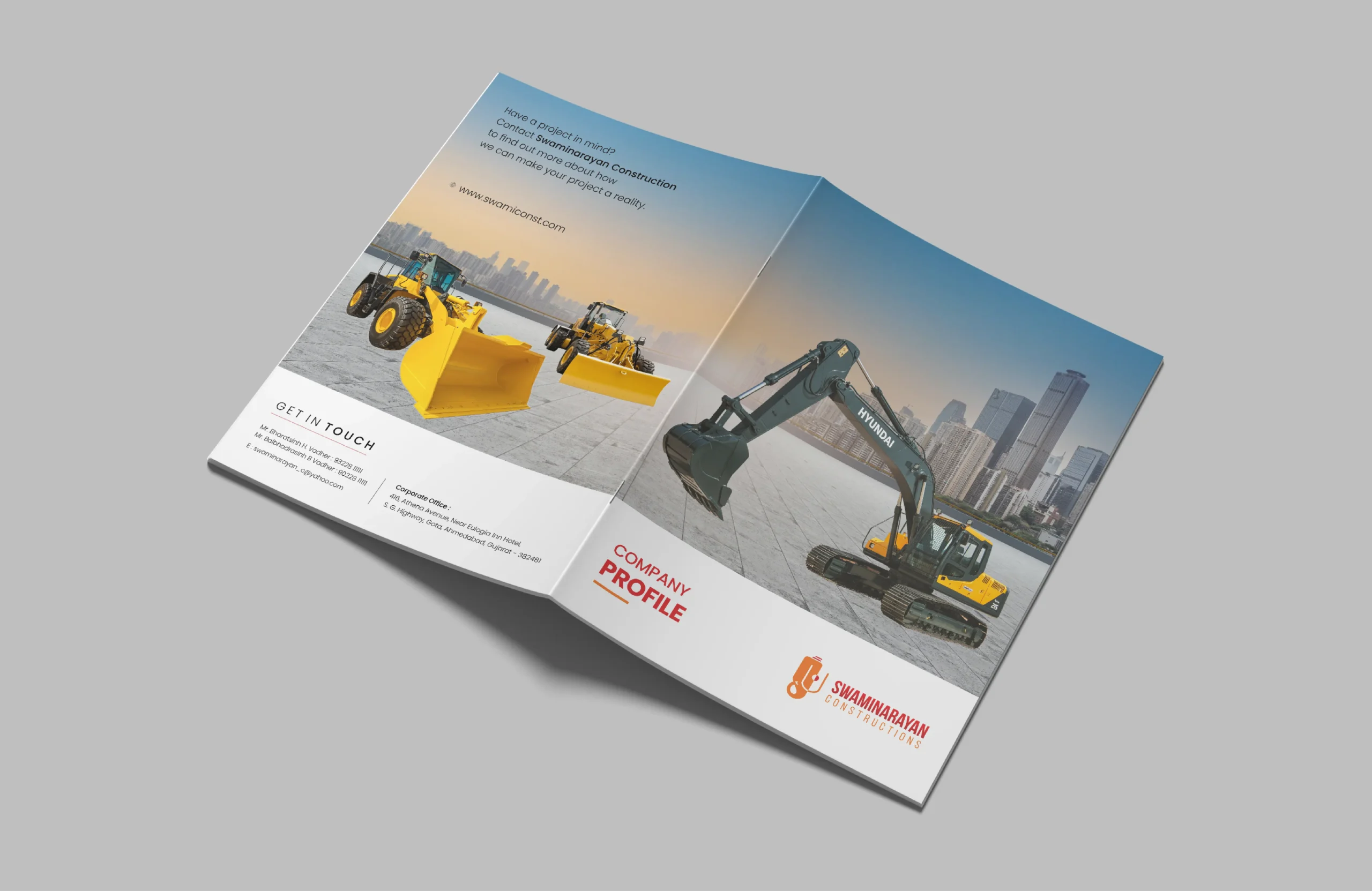 Corporate brochure cover design for Swaminarayan Constructions featuring heavy construction equipment, city backdrop and a bold company profile layout.