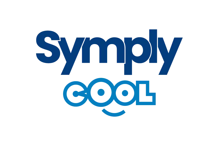 Symply Cool stacked logo with dark-blue “Symply” and bright-blue “COOL” featuring a smiling curve.