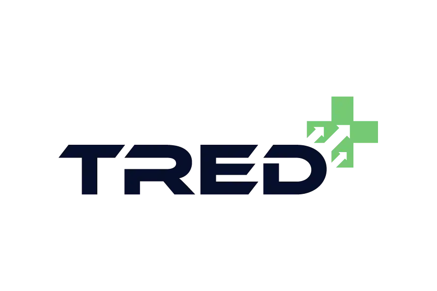 TRAED+ professional services logo with dark blue typography and green plus symbol.