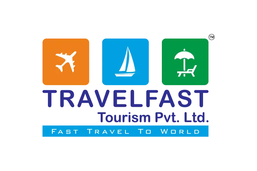TRAVELFAST Tourism Pvt. Ltd. logo with airplane sailboat and beach icons