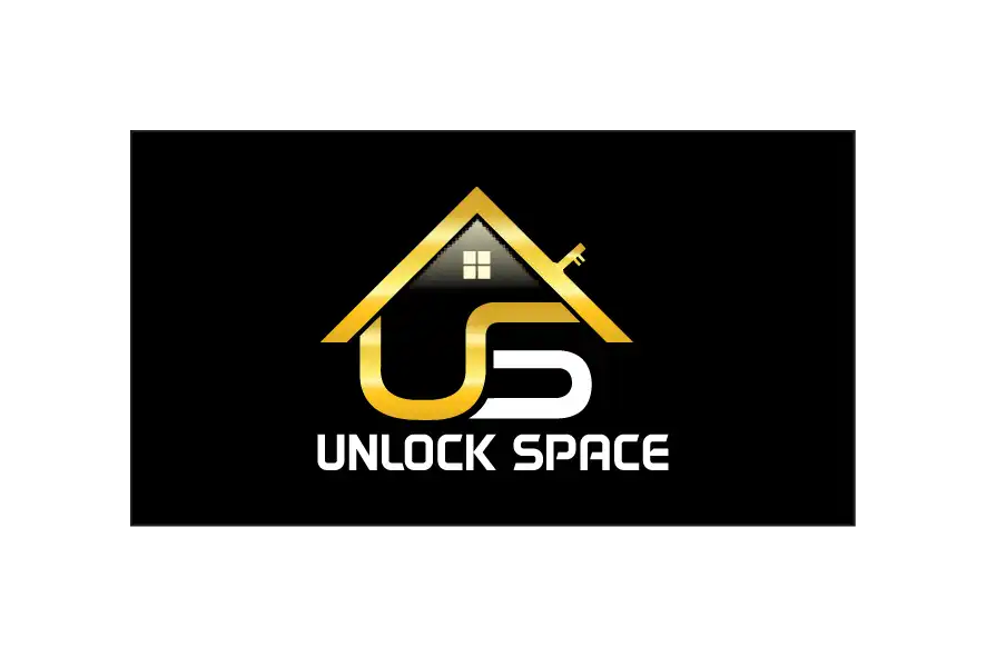 Unlock Space logo with gold house roof and US monogram on black background