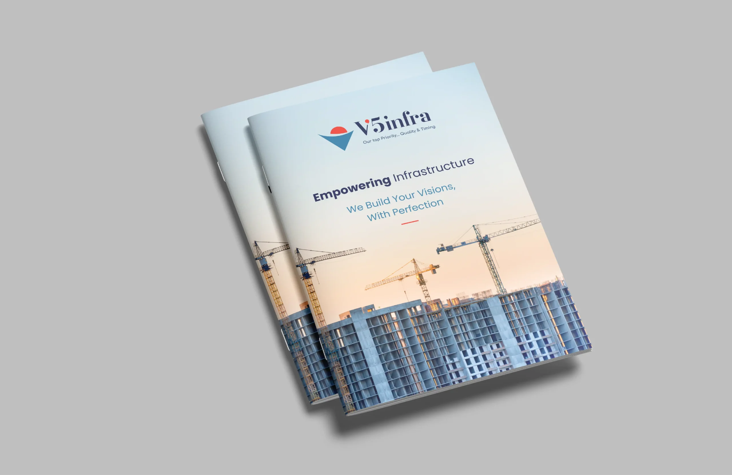 Corporate brochure cover design for V5 Infra featuring construction site visuals, crane imagery, and a clean modern infrastructure layout.
