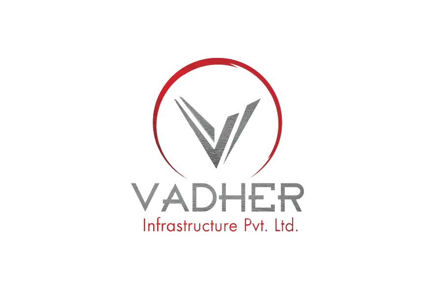 Vadher Infrastructure Pvt. Ltd. logo with silver V emblem inside a red circle.
