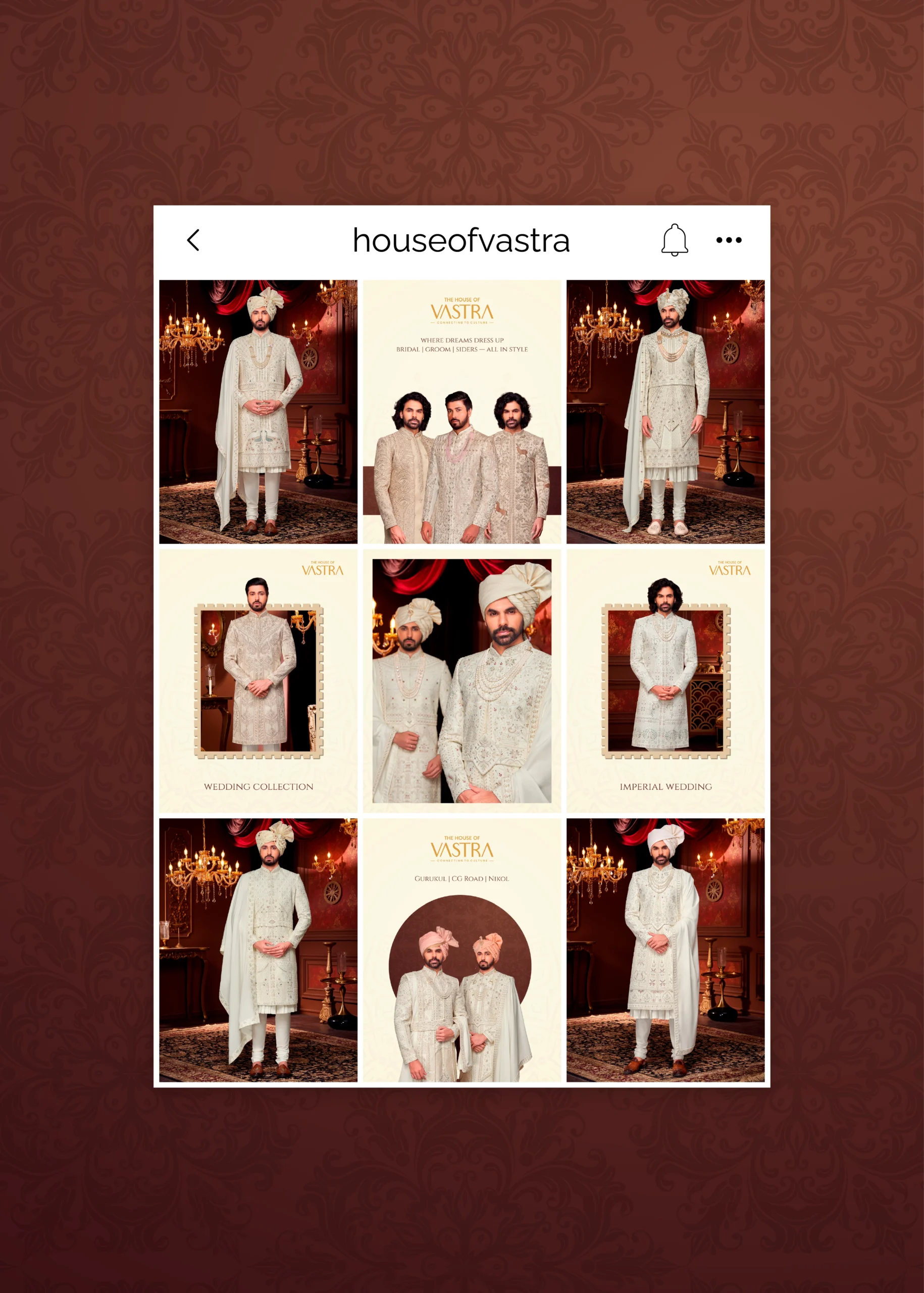 Social media grid design for Vastra ethnic fashion brand featuring groom wedding sherwani collection and luxury Instagram marketing layout.