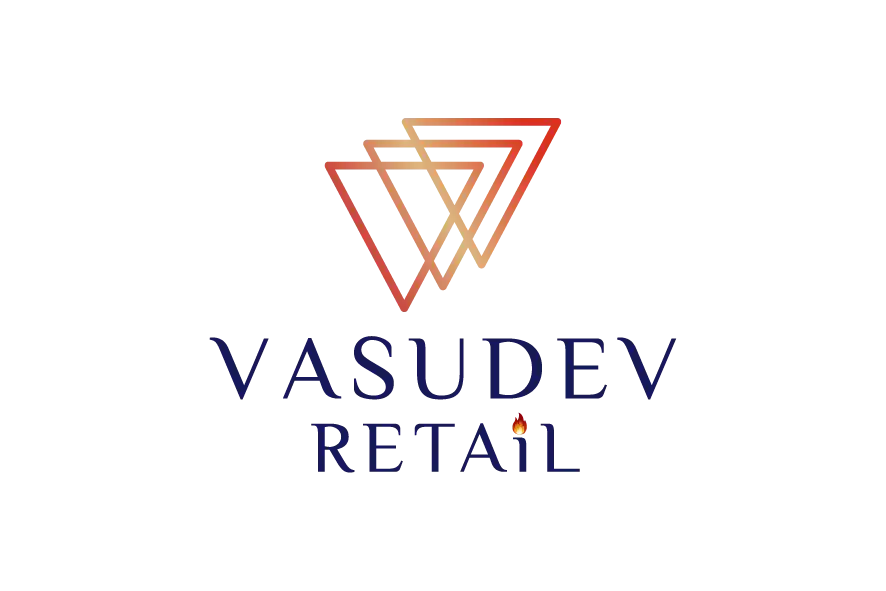 Vasudev Retail logo with orange geometric emblem and dark blue text.