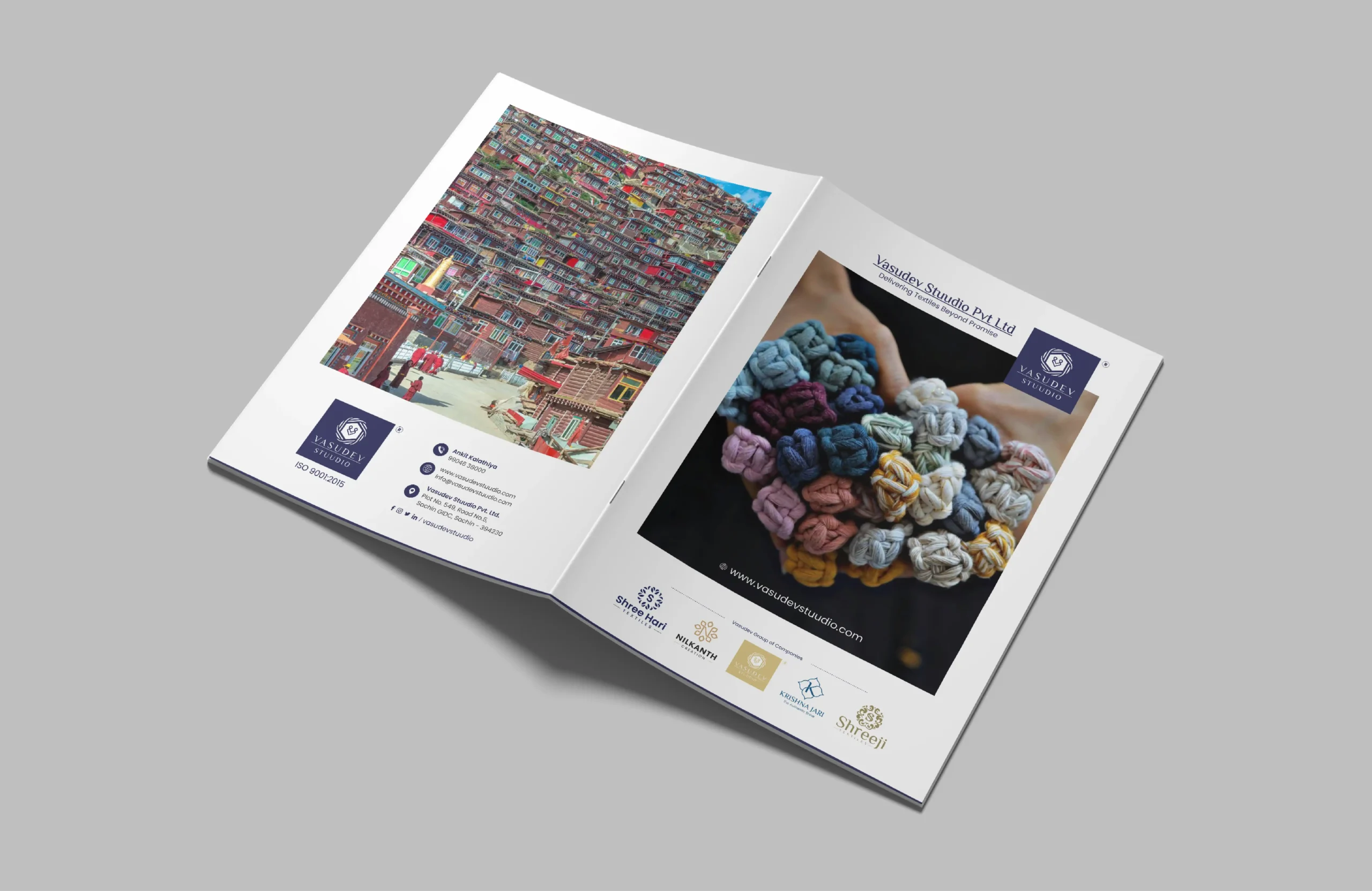 Corporate brochure cover design for Vasudev Studio featuring textile branding, colorful thread visuals and a clean premium layout.