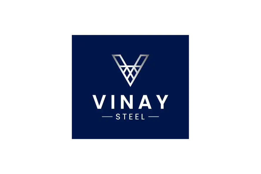 Vinay Steel logo with silver V emblem on blue background