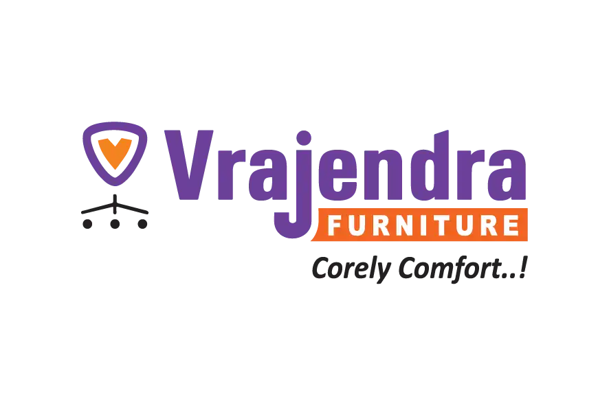 Vrajendra Furniture logo with purple typography, orange accent, and chair icon