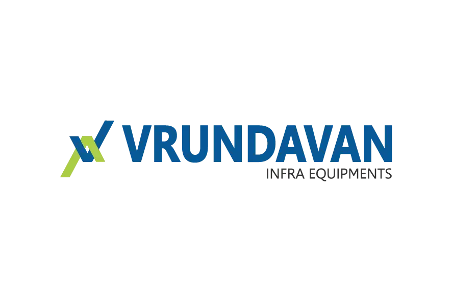 Vrundavan Infra Equipments logo with blue and green rectangular text blocks.
