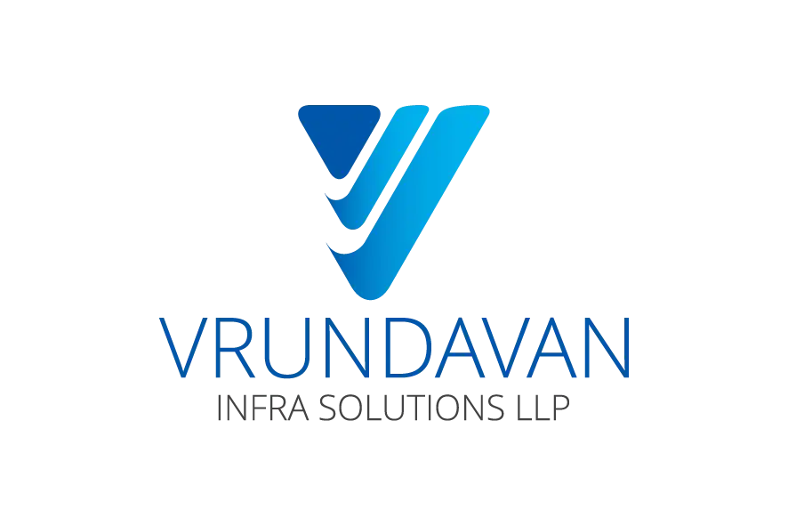 Vrundavan Infra Solutions LLP logo with blue-green abstract icon and blue wordmark.